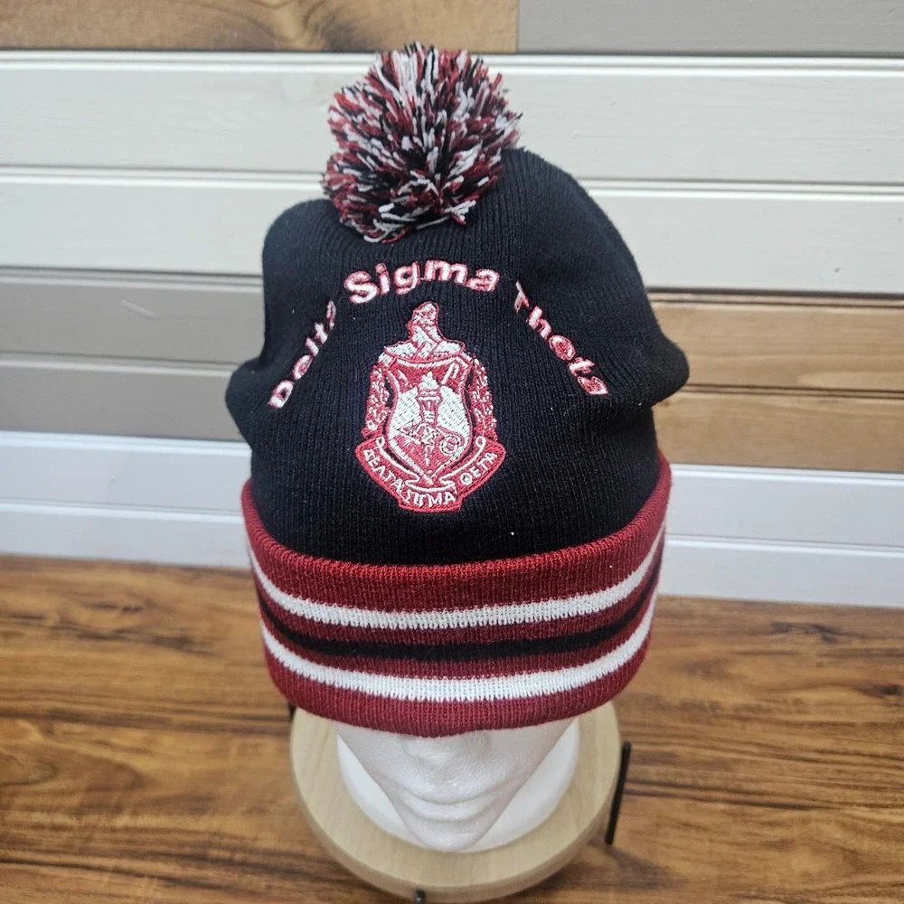 Delta Sigma Theta Sorority Beanie Hat Black Red White Pom Cuffed Knit Cap DST